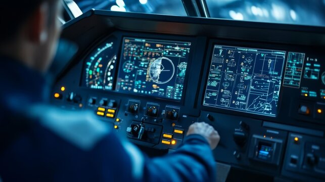Spaceship simulator cockpit with advanced controls, pilot immersed in a training scenario, deep space exploration concept