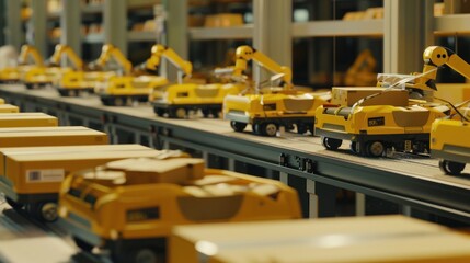 Automated Conveyor System with Yellow Robots Transporting Packages in Warehouse