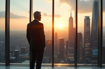 Fototapeta premium Powerful Silver-Haired Billionaire in a Modern Office Overlooking a Futuristic Cityscape at Sunset – A Visionary Business Leader Exuding Confidence, Ambition, and Success in a High-Tech Urban