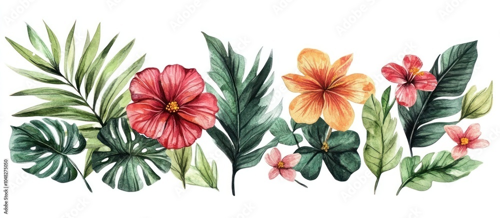 Canvas Prints Watercolor Tropical Leaves and Flowers