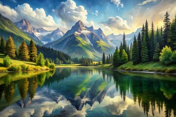Obraz premium Serene Mountain Reflections in a Lake - Digital Watercolor Landscape Art