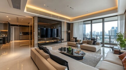 A high-end apartment living room with a touch-control wall panel. Minimalist decor leaves ample space on the left for branding or messaging.