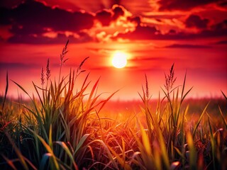 Fototapeta premium Serene Silhouette Landscape with Red-Tinted Grass and Glowing Sun for Tranquil Nature Scenes