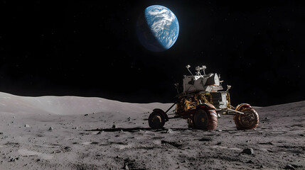 Moon Rover. A close-up of a lunar rover exploring the moon with earth background.