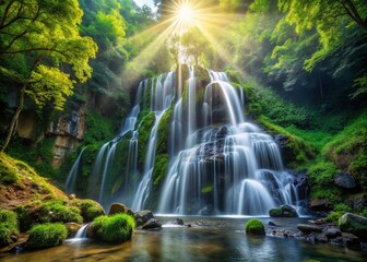 Obraz premium Serene Waterfall in Lush Green Forest - Nature's Tranquility and Beauty