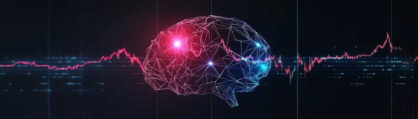 Neuron brain with geometric patterns, arrow, blacklight finance and stock market, flat design illustration