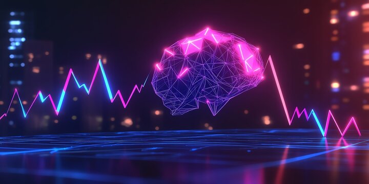 Finance and stock market trends, blacklight arrow, geometric neuron brain, flat design illustration