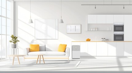 Fototapeta premium A minimalist living area with a smart thermostat and automated light switches. Open layout with large copy space available on the top.