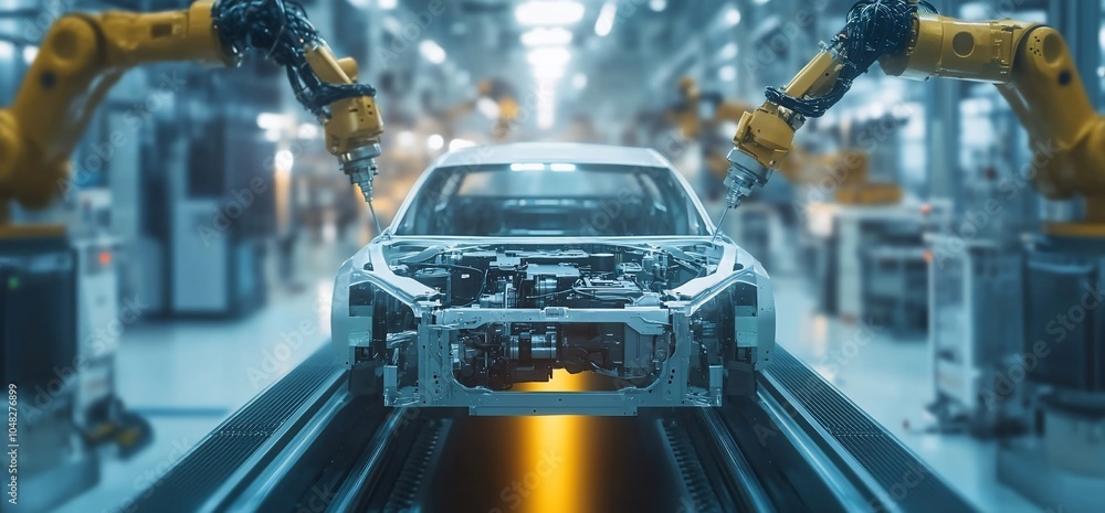 Poster two robotic arms welding a car body on an assembly line in a factory.