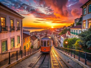 Silhouette of Lisbon's Gloria Funicular at Sunset – Iconic National Monument from 1885