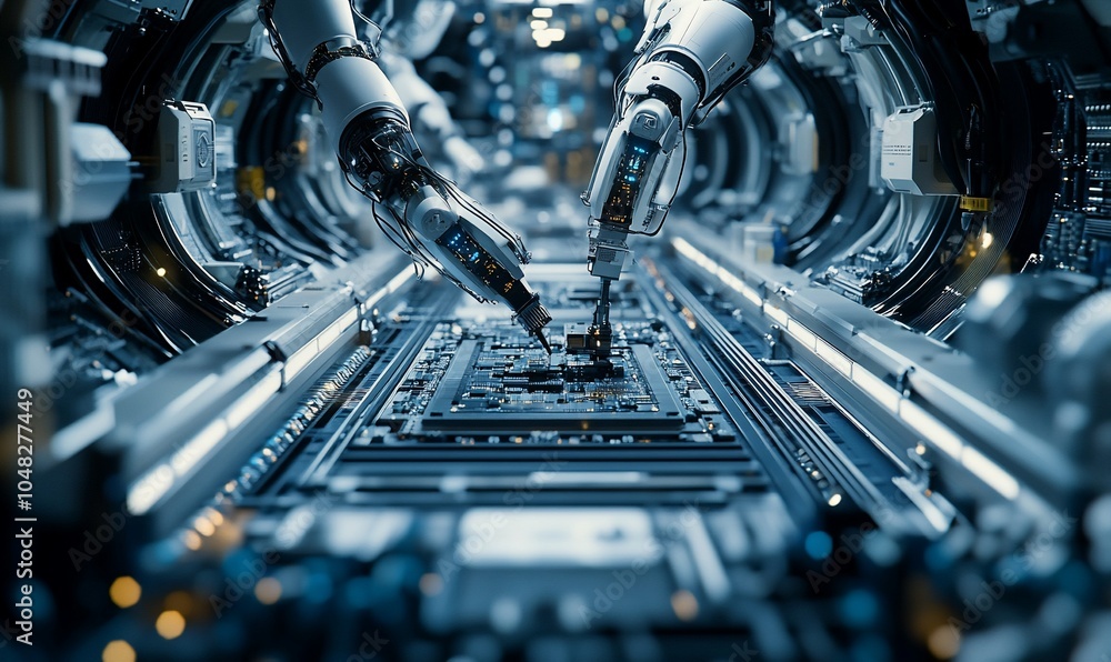 Poster two robotic arms working on a circuit board inside a futuristic factory.
