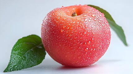 Closeup of a Juicy Red Apple with Water Droplets on Green Leaf in Autumn. This image showcases a freshly harvested.