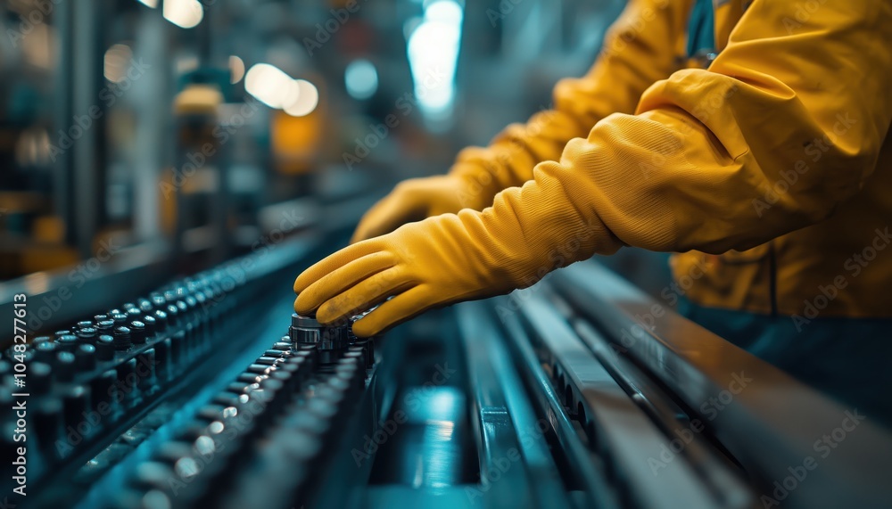 Poster worker in yellow gloves handling machinery in a factory setting, showcasing precision and diligence 