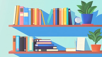 Bright bookshelf with organized textbooks and stationery, perfect for highlighting educational services and study settings