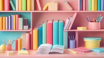 Bright textbooks and stationery neatly placed on a bookshelf, perfect for promoting educational services and a study-friendly space