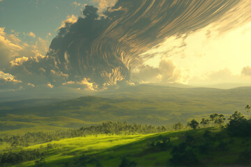 Fototapeta premium Whirling skies over tranquil sunlit hills and vast landscape