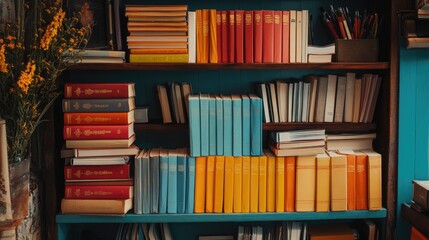 Colorful textbooks and organized stationery on a tidy shelf, ideal for promoting educational resources and study spaces