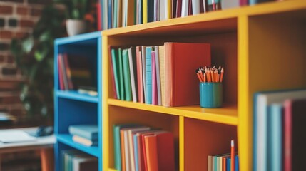 A colorful, organized bookshelf with textbooks and stationery, ideal for promoting educational services and productive study spaces