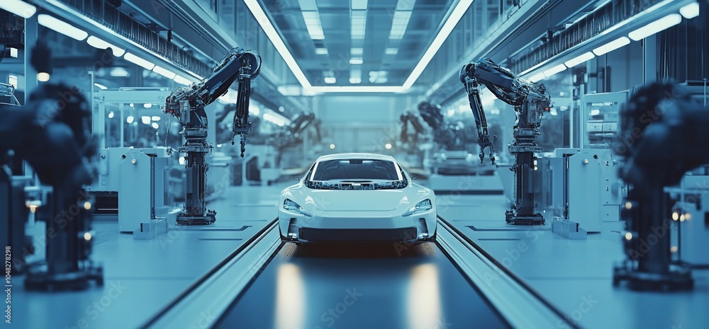 Aufkleber white car on a conveyor belt in a factory with robotic arms.