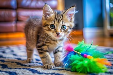 Image of Cute tiny hyper realistic American Bobtail Cat breed running, Anime full chibi body, fluffy, chibi, adorable, logo design, cartoon, cinematic lighting effect, charming, 3D vector art.