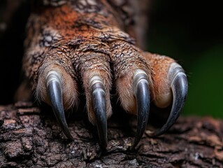 Naklejka premium A detailed close-up of powerful animal claws gripping a branch, showcasing sharp talons with intricate textures of fur and bark, emphasizing nature's might.