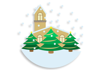 Bola de navidad de iglesia y pinos nevados © Gabrieuskal