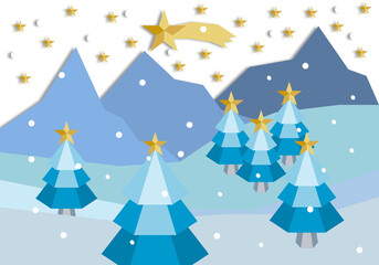 Paisaje nevado y navideño con pinos y estrellas doradas