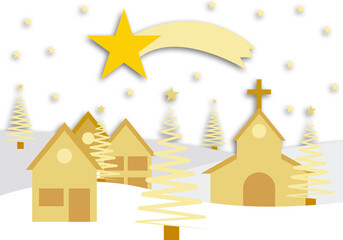 Paisaje nevado con pueblo dorado y estrella de navidad © Gabrieuskal
