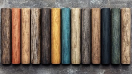 A collection of wooden cylinders in diverse colors and grain textures, displaying natural wood variations for design or material inspiration.
