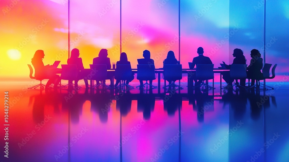 Wall mural Vibrant Meeting Room Silhouette with Colorful Background