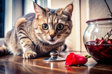 Image of Cute tiny hyper realistic American Bobtail Cat breed running, Anime full chibi body, fluffy, chibi, adorable, logo design, cartoon, cinematic lighting effect, charming, 3D vector art.