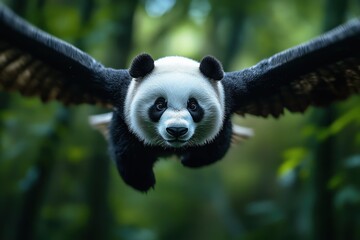 Obraz premium A digitally created panda with wings flies through a lush, green bamboo forest, showcasing a whimsical and imaginative fantasy world of possibilities.