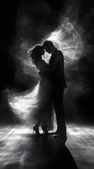 Fototapeta premium A couple dancing tango, ghostly and ethereal figures swirling around them in the darkness