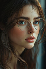 Fototapeta premium A young woman with brown hair and blue eyes wearing glasses