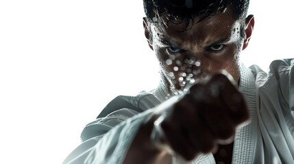 Close-up of a Man's Face and Fist Wearing a White Martial Arts Uniform