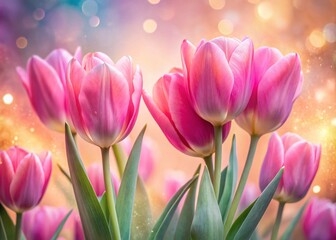 Obraz premium Spring Flowers Double Exposure - Beautiful Pink Tulips Bouquet on Pastel Background for Floral Art and Decor