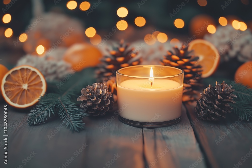 Poster Mockup of a candle surrounded by pinecones, dried orange slices, and warm bokeh lights on rustic wood, cozy Christmas atmosphere, copy space, selective focus

