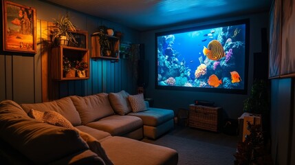 Family theater setup with a cozy sectional sofa, tropical fish on the projector screen, and mood lighting for a relaxing evening.