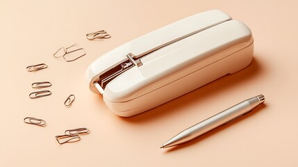 Essential desk tools like a stapler paper clips and a pen isolated on a light-colored background