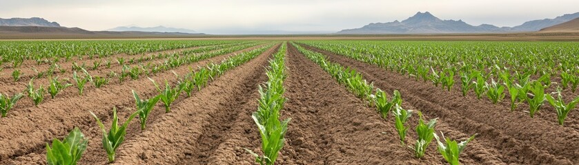 Drought-resistant crops thriving in arid landscape, sustainable farming techniques
