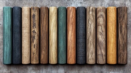 A collection of wooden cylinders in diverse colors and grain textures, displaying natural wood variations for design or material inspiration.
