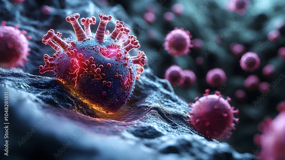 Poster detailed microscopic depicting the complex structure and molecular composition of a dangerous viral 