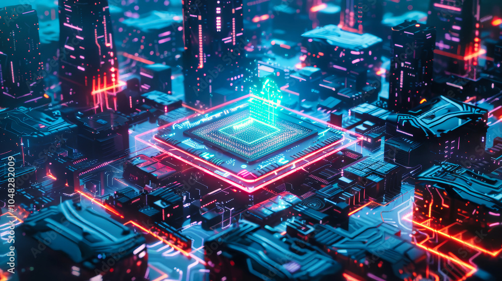 Poster aerial view of a futuristic ai chip with holographic interface surrounded by glowing circuits in a m