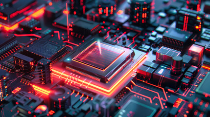 Fototapeta premium Aerial view of a highly detailed AI chip with holographic interface surrounded by futuristic buildings and intricate circuits in a vibrant digital landscape