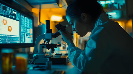 Scientist looking through microscope in laboratorium