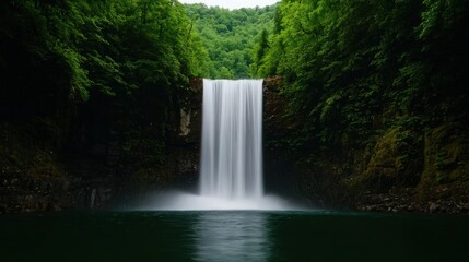 Obraz premium Waterfall plunging into a deep pool surrounded by ancient forest, remote waterfall, untouched wilderness