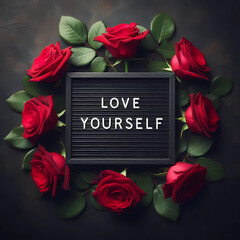 The image features a dark, textured background with a black rectangular board at its center, displaying the words "LOVE YOURSELF" in simple, white capital letters.