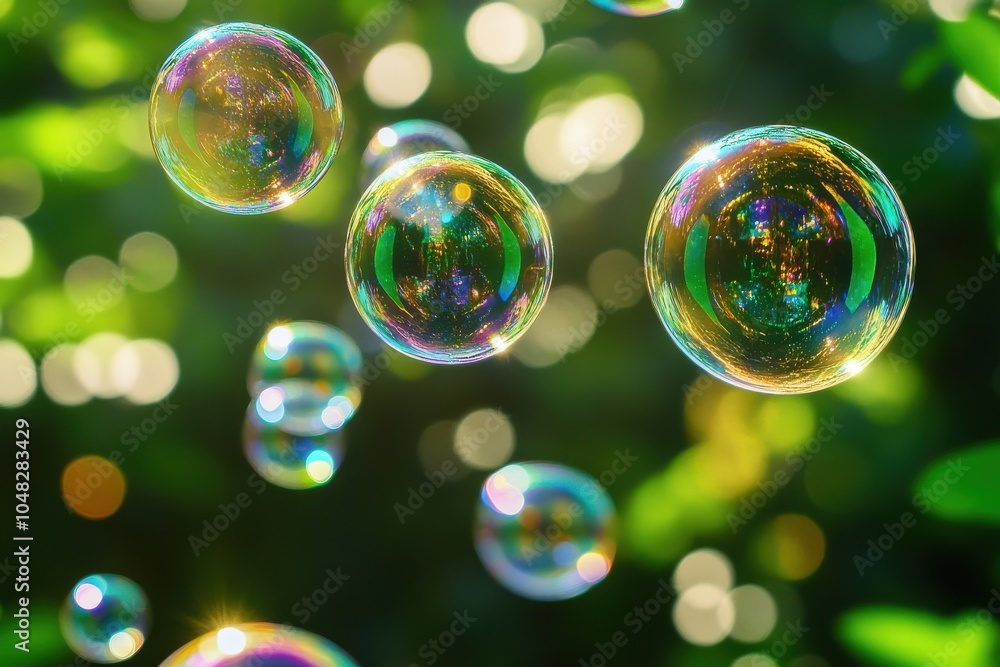 Poster a set of colorful, translucent soap bubbles reflecting a spectrum of colors, placed on a background 