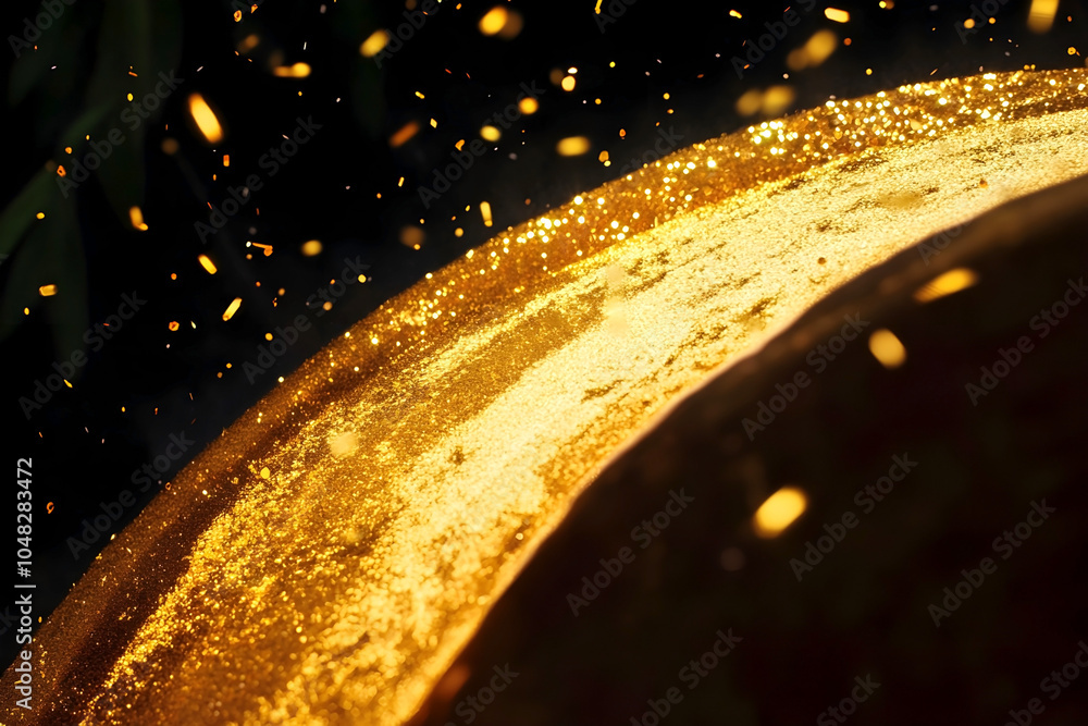 Poster close-up of golden glitter particles cascading and sparkling in the light against a dark background,