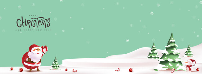 Merry christmas and happy new year greeting card with snow product display cylindrical shape copy-space and cute funny Santa Claus character in winter christmas landscape snow falling